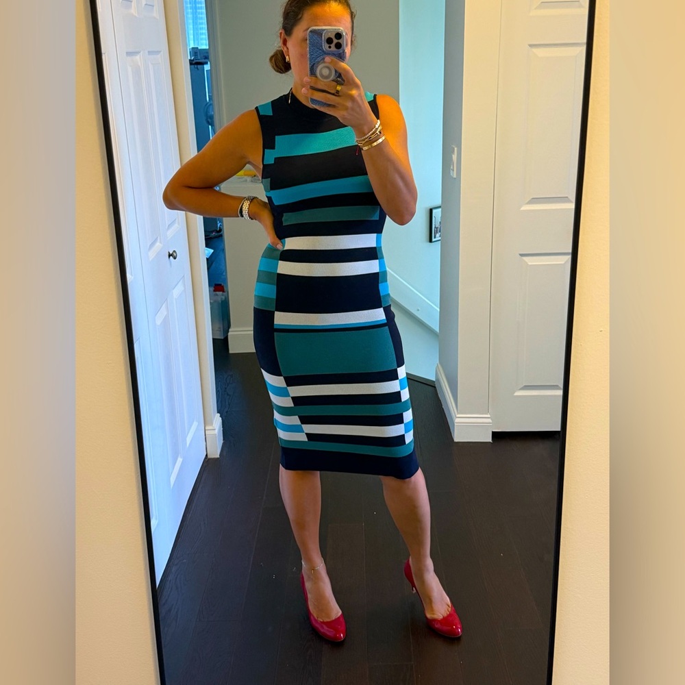 Vince Camuto Teal and Navy Striped Midi Dress